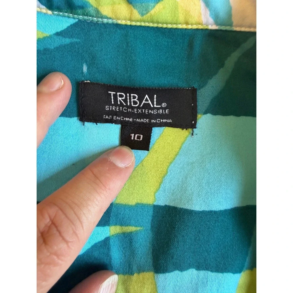 Tribal Women Teal Green Tropical Palm Print Stretch Cotton Blazer Jacket Size 10